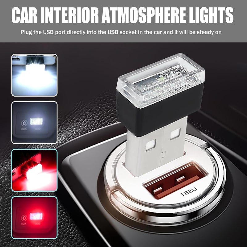 Hbxdeco 4 PCS USB LED Car Interior Atmosphere Lamp, Portable Mini Auto LED Decor Night Light, Plug-in USB Interface Ambient Lighting Kit, Universal Car Interior Accessories(White+Red) - Image 2